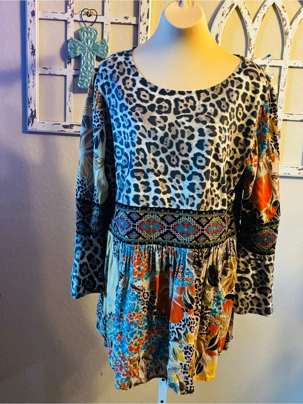 Boho Mixed-Print Long-Sleeve Dress in Multi